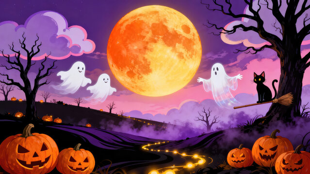 Spooky halloween night background featuring a giant glowing orange full moon with carved pumpkins and cute ghosts, halloween holiday festive image design
