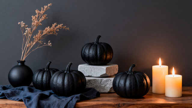 Sophisticated halloween still life with black matte ceramic pumpkins and glowing candles on wood top., halloween holiday festive image design