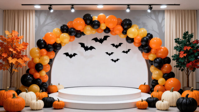 Halloween event stage backdrop with balloon arch and pumpkins for party decoration, halloween holiday festive image design