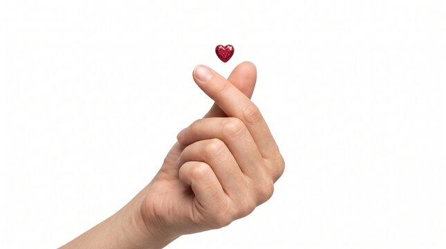 Close up of human hand making cute finger heart gesture while holding tiny sparkling red accessory on white background