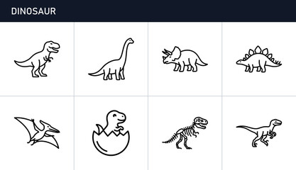 Dinosaur line icons set with T-Rex, Brontosaurus, Triceratops, Stegosaurus, Pterodactyl, baby dinosaur, skeleton and Velociraptor for prehistoric © Robiul