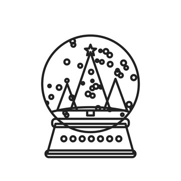 Line art style snow globe with Christmas trees and falling snow, flat vector illustration isolated on transparent background