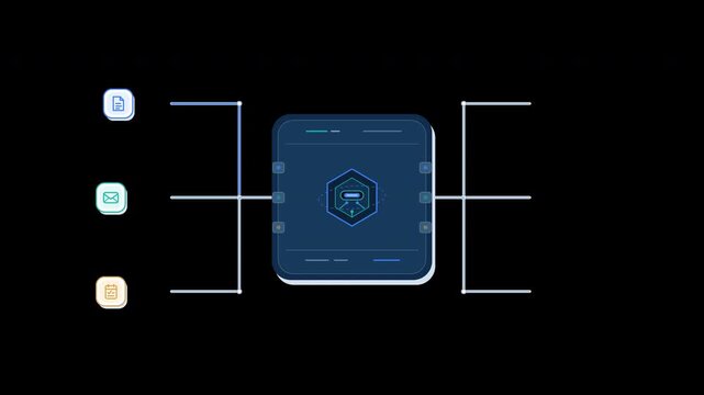 Minimalist digital workflow diagram featuring central processing hub with connected data icons and glowing nodes in blue vector motion graphic