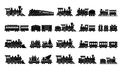 Collection of vintage steam locomotive silhouettes during festive holiday season with gifts and trees © Craft Designer