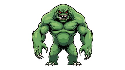 **Fierce Green Monster Character – Cartoon Horror Creature Illustration**  This powerful green monster illustration features an incredibly muscular body, glowing red eyes, sharp teeth, and long, menac © Shampo