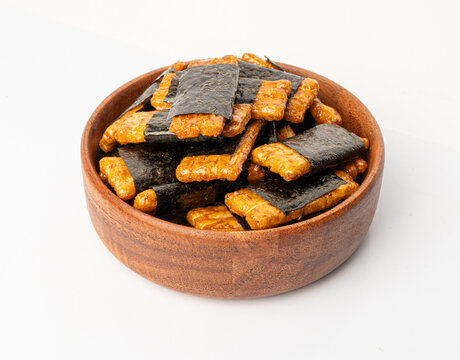 Senbei isolated, kaki no tane rice crackers, japanese crispy snack, sembei, okaki with wasabi, nori