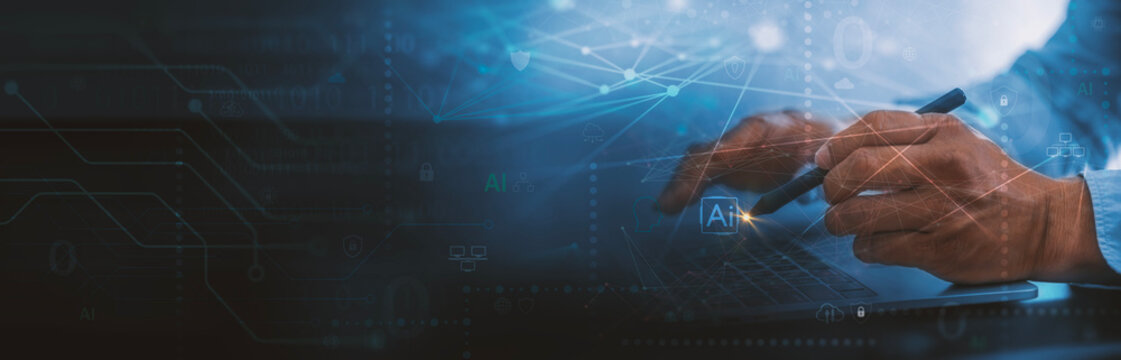 Artificial Intelligence AI Concept with Businessman Using Stylus Pen on Laptop Workstation.   