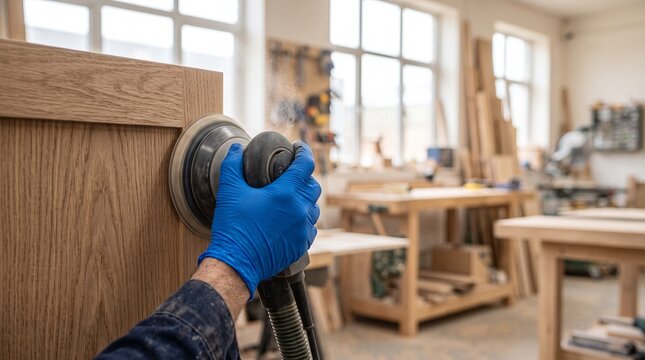 Joiner Sanding a Cabinet Door