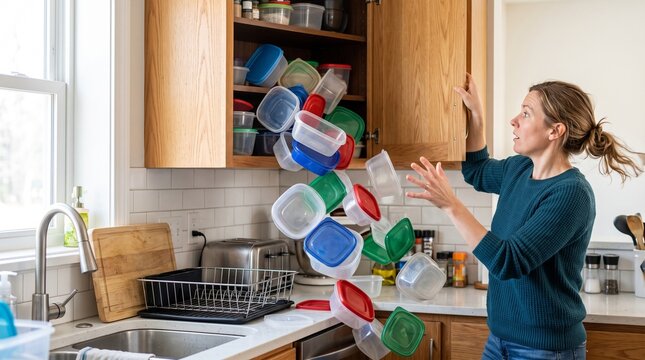 Plastic Container Lids Avalanche From Cupboard