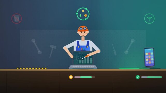 Animation of repairman fixing smartphone and other for circular economy concept