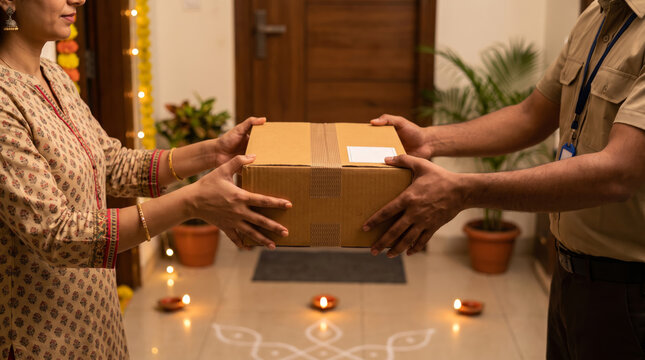 Customer receiving a Diwali gift delivery at home