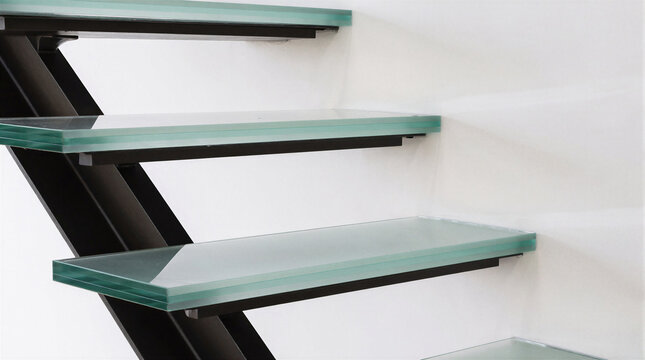 Modern interior architecture featuring glass treads of three-ply laminated low-iron glass with a sandblasted walkway band and polished edges, supported on a blackened-steel stringer