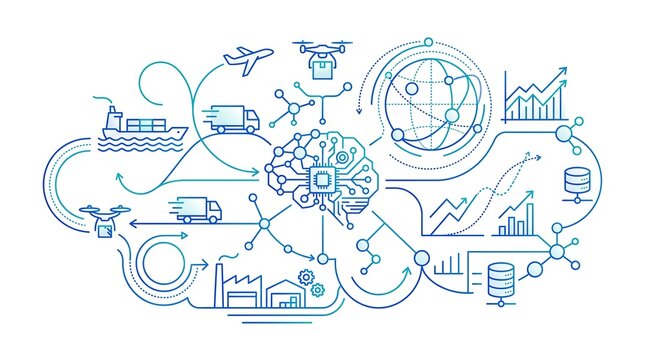 Minimalist line art illustration featuring blue and green gradients showing global logistics network and artificial intelligence brain for supply chain management.