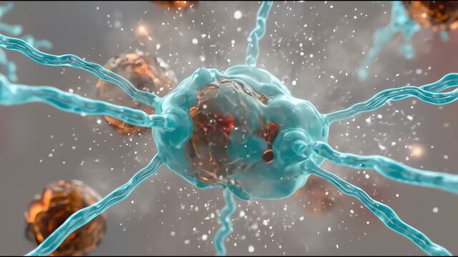Detailed scientific 3D illustration of microscopic cells being targeted and destroyed by biological probes