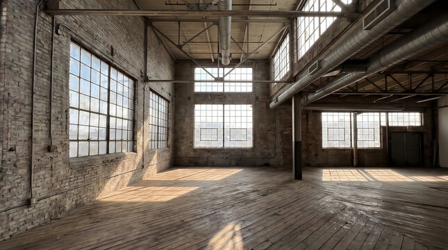 Empty industrial warehouse loft featuring wooden floors, brick walls, and large sunny windows.