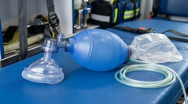 A blue manual resuscitator bag valve mask for emergency medical ventilation, isolated on white background