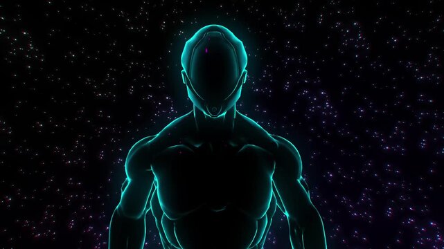 Glowing Cyan Wireframe Human Silhouette in Dark Space
