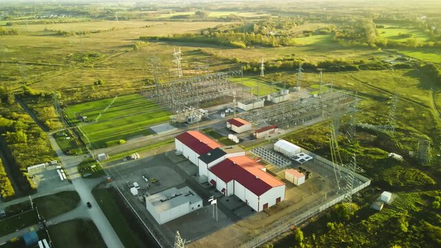 High voltage electrical power substation with pylons and transformers distributing electricity, captured from an aerial perspective during a golden sunset, surrounded by lush green fields