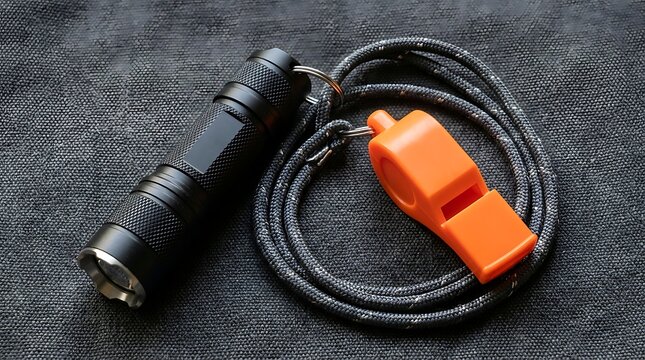 A black tactical flashlight and a bright orange emergency whistle attached to a dark grey paracord lanyard