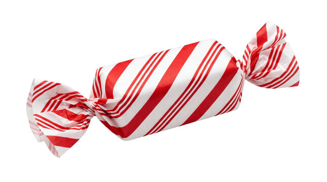 Peppermint hard candy wrapped in red and white striped paper isolated on transparent background for festive confectionery designs.