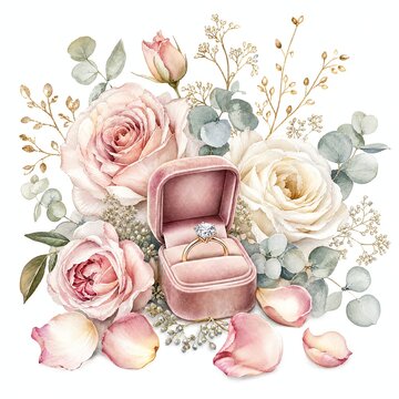 Open Velvet Ring Box with Engagement Ring and Rose Petals
