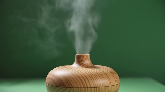 Modern wooden essential oil diffuser emitting aromatic vapor during a gentle close-up studio shot with soft lighting