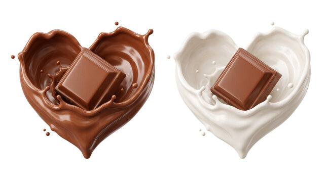 Chocolate square pieces partially submerged in liquid heart shaped splash of dark brown and creamy white milk for culinary presentation.