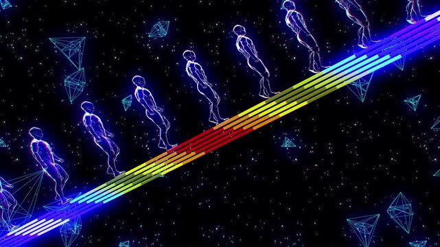 Row of Blue Holographic Humans along a Rainbow Neon Path