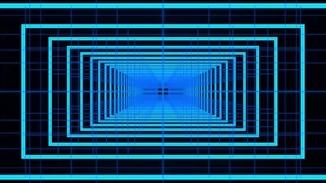 Futuristic Blue Neon Tunnel Corridor Motion Background Featuring Infinite Geometric Rectangular Grid Frames Moving Forward In A Dark Digital Cyberspace Environment For Cinematic Visual Video Projects
