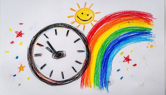 Young child's crayon drawing of a large round clock beside a colorful rainbow, smiling sun, tiny stars, and festive confetti, imperfect clock hands.