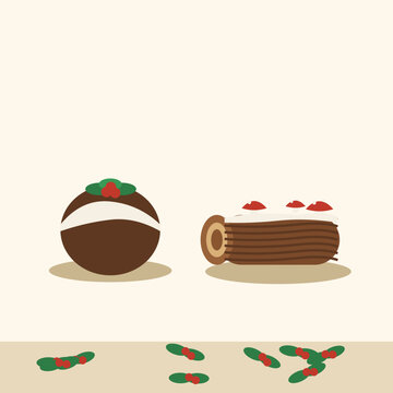 Christmas pudding and yule log cake with holly dessert illustration