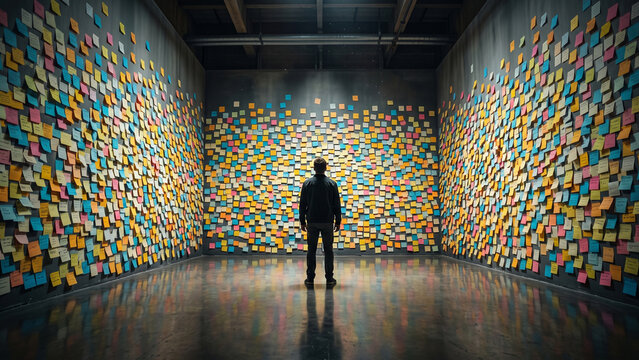 Man Standing in Room Surrounded by Multicolored Sticky Notes Brainstorming Information Overload Concept