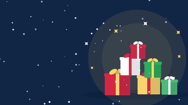 Pile of christmas gift boxes with ribbons and sparkles copy space animated background loop