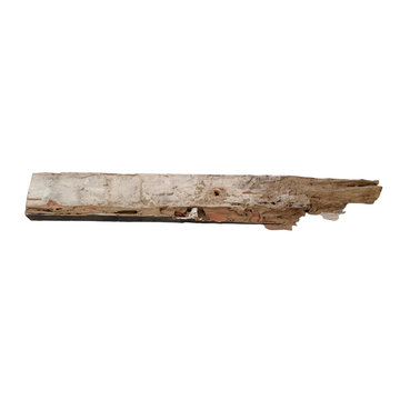 Rustic weathered wood plank, aged reclaimed timber beam with splintered edges, vintage decaying wood element isolated on white background