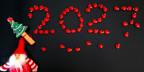 red ladybirds on black background, 2027 is coming, new year © GulayD
