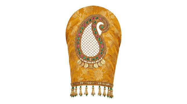 Traditional yellow silk blouse sleeve, intricate paisley embroidery on ethnic bridal wear, handcrafted gold fabric with decorative tassels isolated PNG with Transparent Background