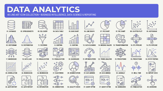 Data Analytics Line Art Icon Set for Business Intelligence and Reporting