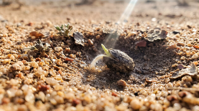 Macro Shot of a Cannabis Seed Germinating and Sprouting Root from Arid Sandy Soil Under Bright Sunbeam