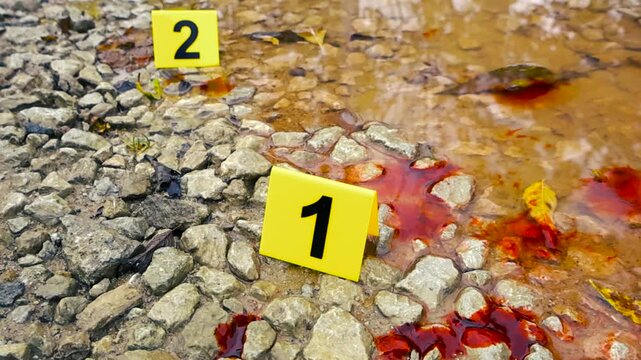 Bloody puddles on stony ground near a small creek with yellow forensic evidence markers indicating the location of clues. Law enforcement investigation of a murder or a violent criminal act