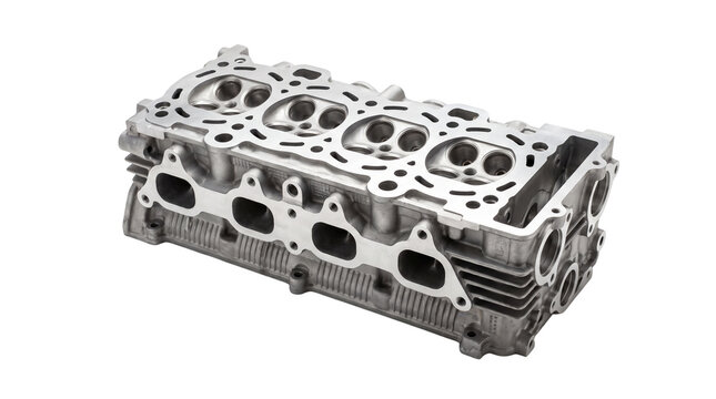 Industrial cylinder head made from durable cast metal showing precision engineering details for automobile engines isolated against a clean white background during studio lighting session