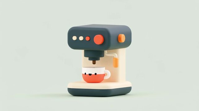 Kawaii style stop motion coffee machine cheerfully pours espresso into a smiling mug on a plain background, looped playful animation showing the cup filling in a satisfying rhythm