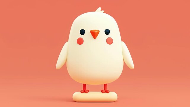 Adorable 3d cartoon chick character waving its wing and nodding sleepily against a warm pink background, showing a range of cute expressions and emotions in a seamless looping animation