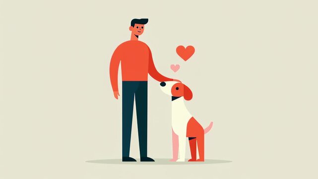 Animated illustration showing a young man affectionately petting his happy dog. With love hearts floating above them. Representing the strong bond between a pet and its owner in a heartwarming scene