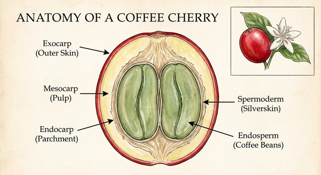 Anatomy of a Coffee Cherry Infographic Botanical Cross-Section with Labels