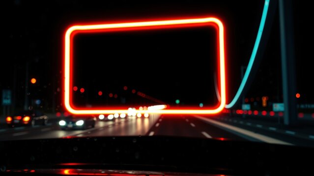 Night highway view through windshield. Bright red rectangle dominates scene, lights blur into streaks. Dark tones prevail.