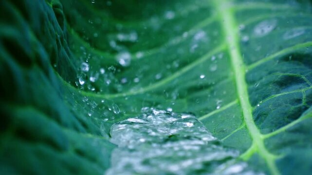 Vibrant green leaf gleams with dewy clarity. Water droplets cling to leaf's surface, reflecting light. Nature's freshness captured in crisp, close-up detail. Ideal for serene, natural