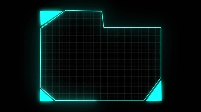 Futuristic HUD video frame animation with digital technology lines and holographic effects on black background. Digital technology HUD frame animation.