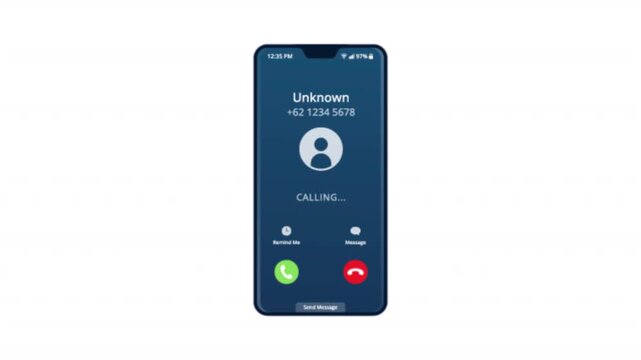 Incoming Call Animation on Smartphone Screen, Unknown Caller with Answer and Decline Buttons, Mobile UI, Transparent Background
