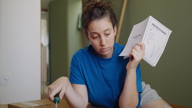 Confused and tired woman struggling with do it yourself furniture assembly, carefully reading the complex manual and feeling frustrated by the difficult instructions in her new home