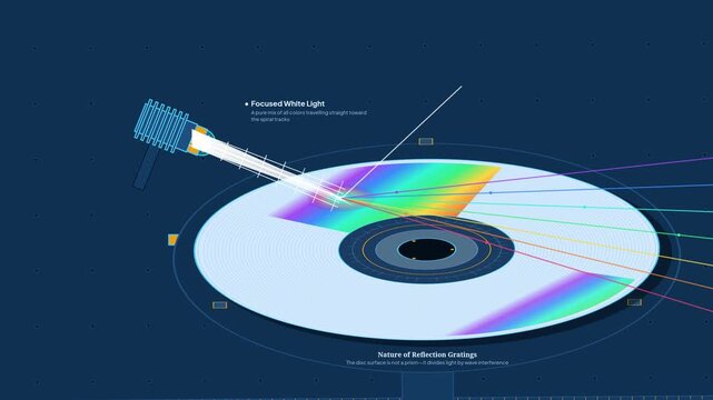 Educational physics animation explaining the rainbow diffraction of white light on a compact disc, detailing reflection gratings, spiral grooves, wave scattering, and constructive interference